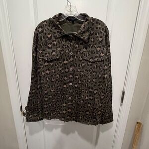 Flora Ashley Womens Leopard Print Raw Hem Button Down Jacket Green Size Large